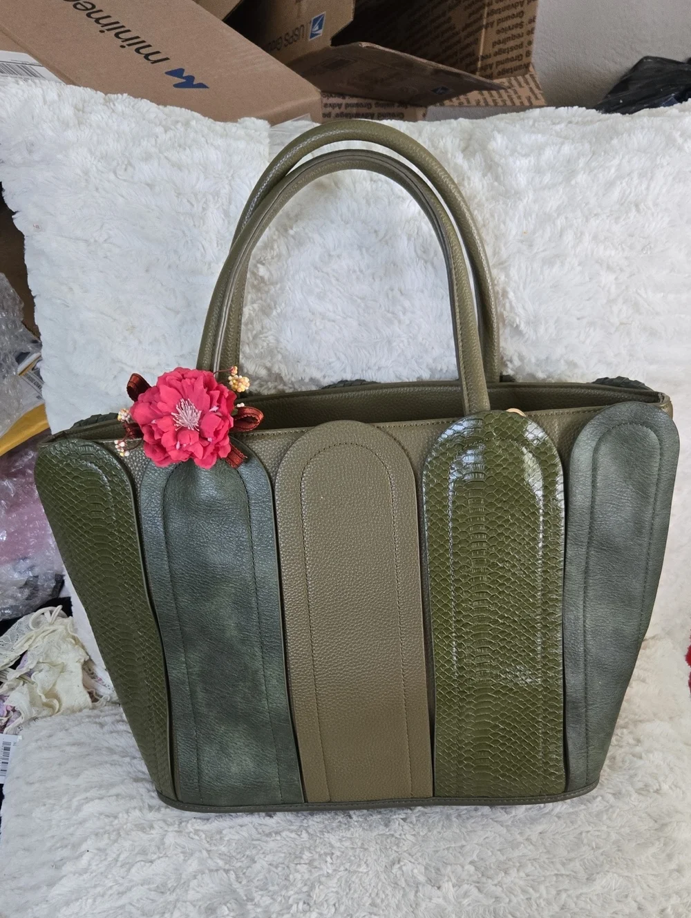 Catio Olive Green Panel Tote Bag with Floral Accent